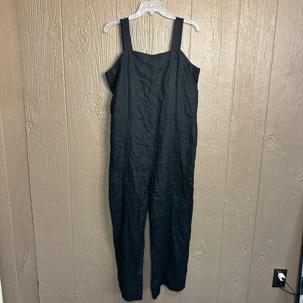 Quince Women's 100% European Black Linen Square Neck Light Weight Jumpsuit Sz L